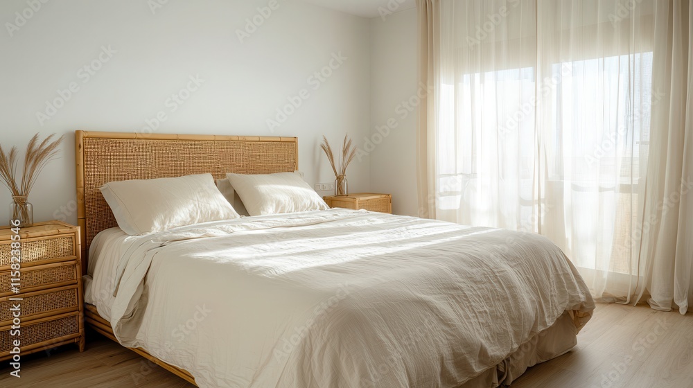 Obraz premium A bright, modern bedroom featuring a large bed with neutral bedding, woven headboard, wooden nightstands, and sheer curtains allowing natural light.