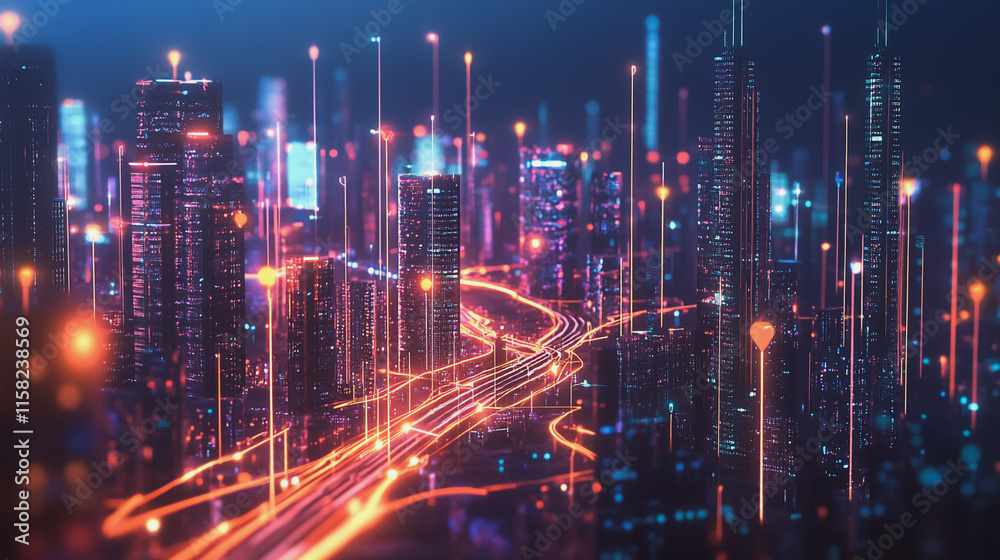 Smart Innovation city with connection cyber security network reciprocity over the night cityscape future wireless digital city and social media networking systems that connects people in the city Smart Innovation city with connection cyber security network reciprocity over the night cityscape future wireless digital city and social media networking systems that connects people in the city