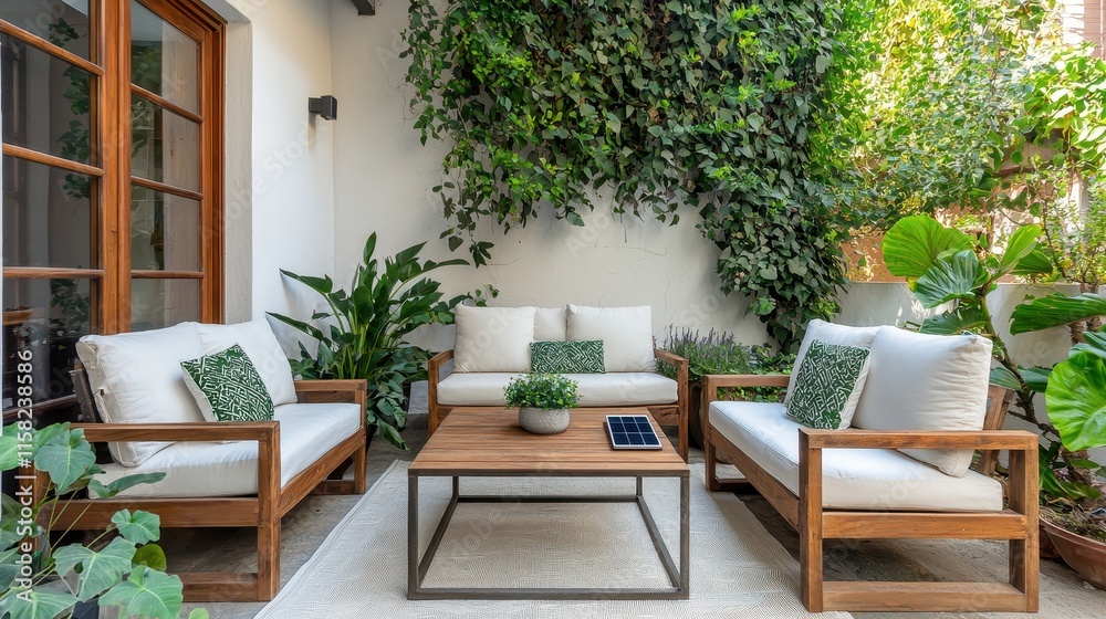 A serene outdoor seating area featuring wooden furniture, plush cushions, and lush greenery, perfect for relaxation and socializing. A serene outdoor seating area featuring wooden furniture, plush cushions, and lush greenery, perfect for relaxation and socializing.