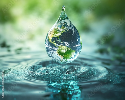 World Water Day, symbolic water droplet shaped planet Earth, clear water flowing, global environmental protection, bluegreen hues, conservation message, digital concept art photo