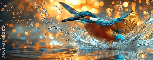 Bright and colorful kingfisher bird flying over a river, blue and orange feathers, wings in motion, shimmering water reflecting the sky, stunning wildlife image, digital art photo