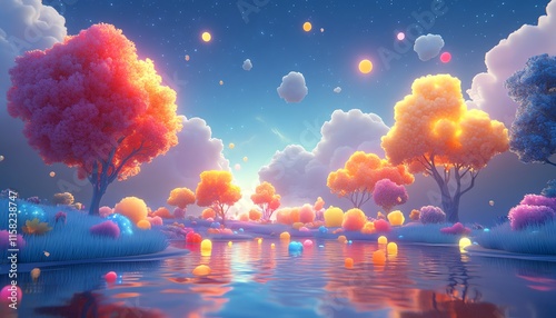 Child s magical imaginary world, bursting with color, playful animals, glowing trees, candylike clouds, radiant skies, full of happiness and wonder, generative AI art photo