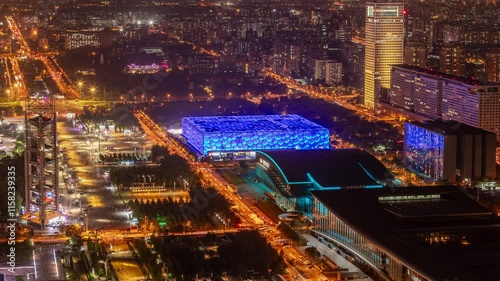 Nighttime time lapse showcasing the vibrant lights of Beijing National Aquatics Center Water Cube photo