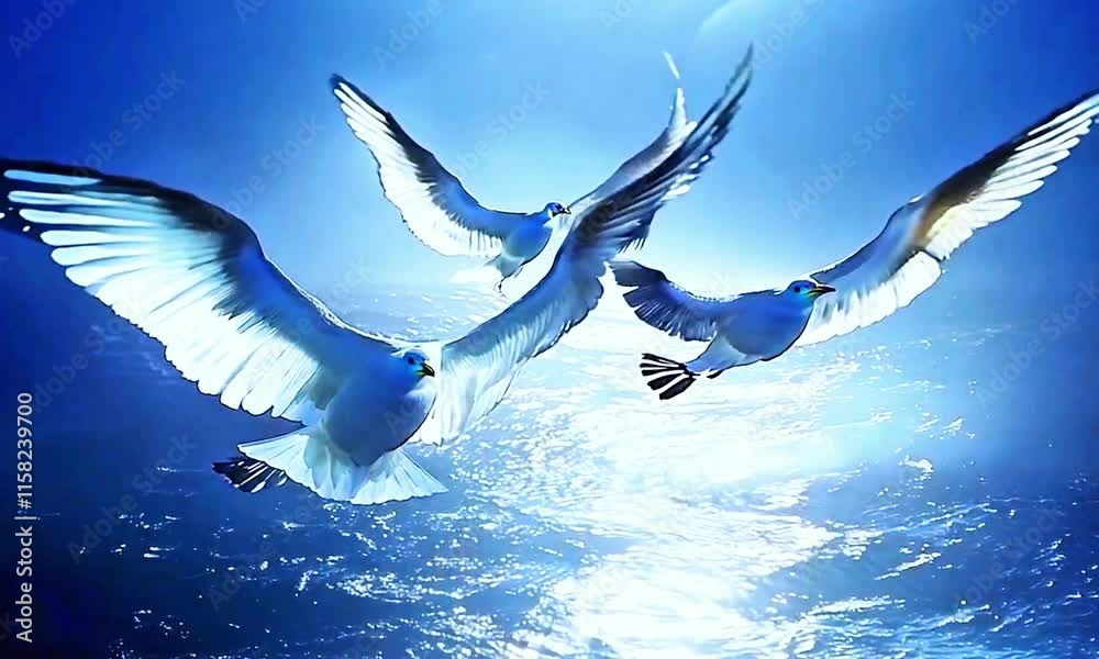 Elegant white seagulls flying over a shimmering blue ocean under a bright sky, symbolizing freedom, serenity, nature, and the beauty of coastal wildlife in motion.




