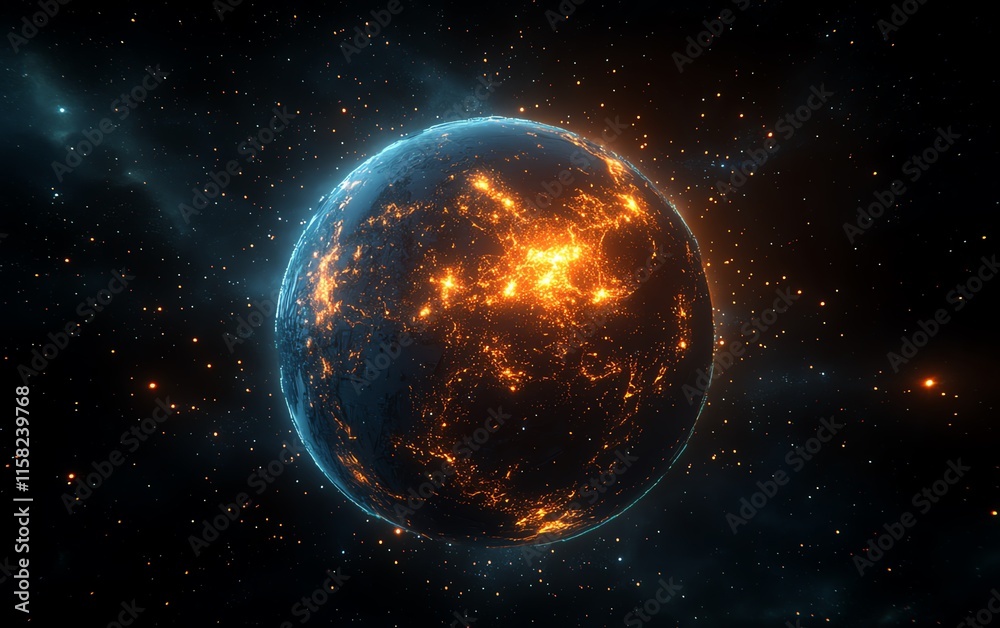 Fototapeta premium Futuristic global network, Earth with data lines and cyber technology systems, realtime communication, global data transfer, virtual connectivity, AIgenerated visualization