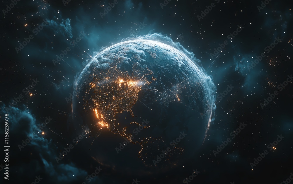 Futuristic global network, Earth with data lines and cyber technology systems, realtime communication, global data transfer, virtual connectivity, AIgenerated visualization Futuristic global network, Earth with data lines and cyber technology systems, realtime communication, global data transfer, virtual connectivity, AIgenerated visualization