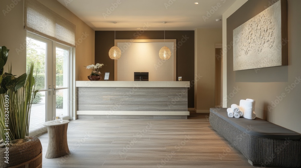 Fototapeta premium Step into the tranquil spa reception area, featuring a modern and minimalist design, surrounded by natural light and soothing neutral tones.