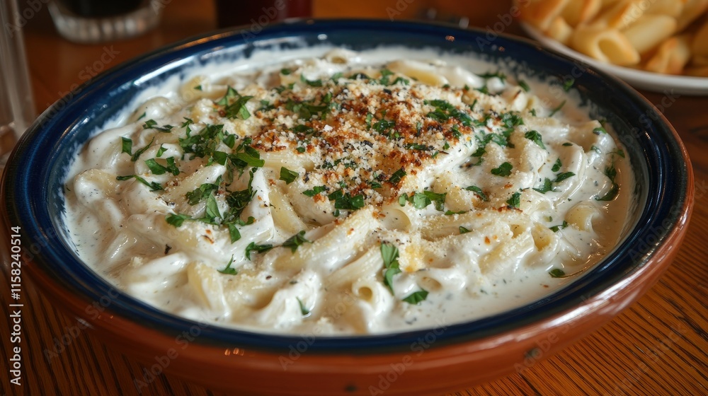 Creamy pasta dish with herbs and breadcrumbs in a rustic bowl. Creamy pasta dish with herbs and breadcrumbs in a rustic bowl.