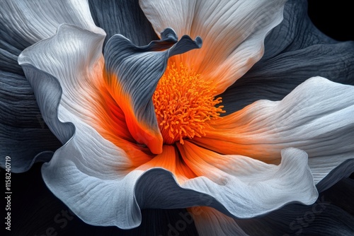 Closeup of a vibrant abstract flower with detailed petals in orange and white hues
