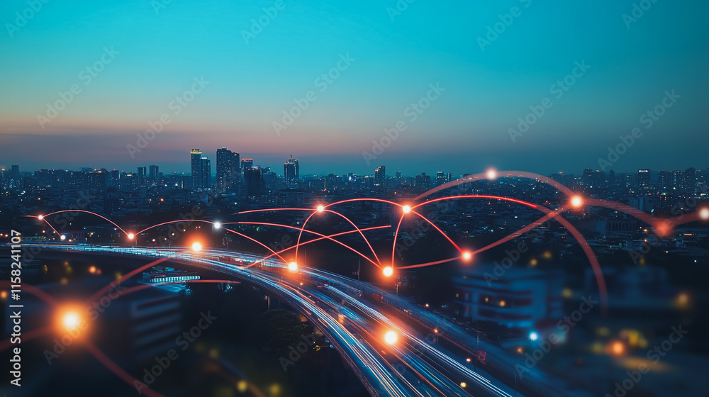 Fototapeta premium Smart Innovation city with connection cyber security network reciprocity over the night cityscape future wireless digital city and social media networking systems that connects people in the city