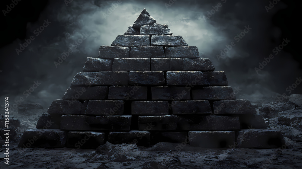 Ancient dark bricks stacked in pyramid shape at ruins. Obfuscate. Illustration Ancient dark bricks stacked in pyramid shape at ruins. Obfuscate. Illustration