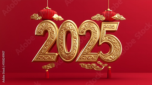 Elegant 3D Gold 2025 Numbers with Traditional Chinese Lanterns on Red Background - Perfect for Lunar New Year and Festive Celebrations!