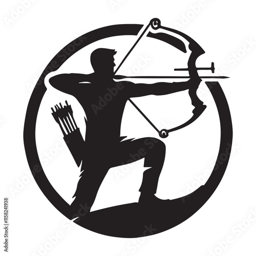Archery Silhouette Vector Illustration, Solid White Background.