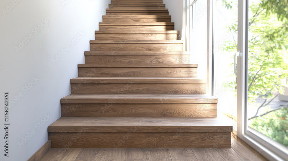 Fototapeta premium Quiet space featuring a modern wooden staircase and large windows