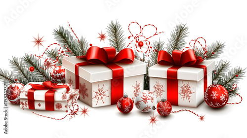 Christmas composition on white background with gift boxes with red ribbon, fir branches, Christmas tree toys, transparent and neutral shadows, copy space for your greeting design.