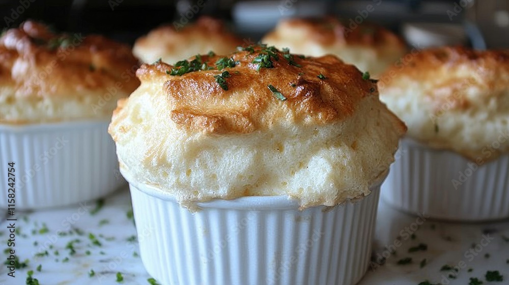 Delicious souffle in ramekins, garnished with fresh parsley. Delicious souffle in ramekins, garnished with fresh parsley.