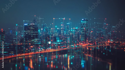 Wallpaper Mural Smart Innovation city with connection cyber security network reciprocity over the night cityscape future wireless digital city and social media networking systems that connects people in the city Torontodigital.ca