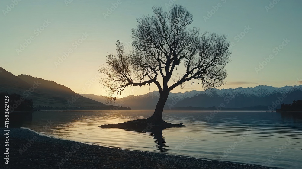 A solitary tree stands by a tranquil lake at sunset, reflecting nature's serene beauty. A solitary tree stands by a tranquil lake at sunset, reflecting nature's serene beauty.