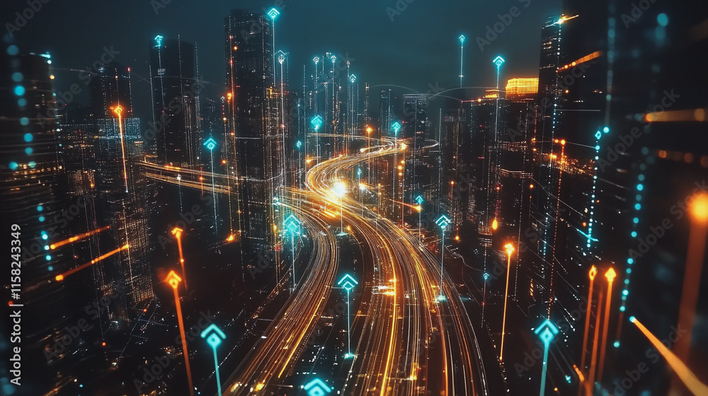 Smart Innovation city with connection cyber security network reciprocity over the night cityscape future wireless digital city and social media networking systems that connects people in the city Smart Innovation city with connection cyber security network reciprocity over the night cityscape future wireless digital city and social media networking systems that connects people in the city
