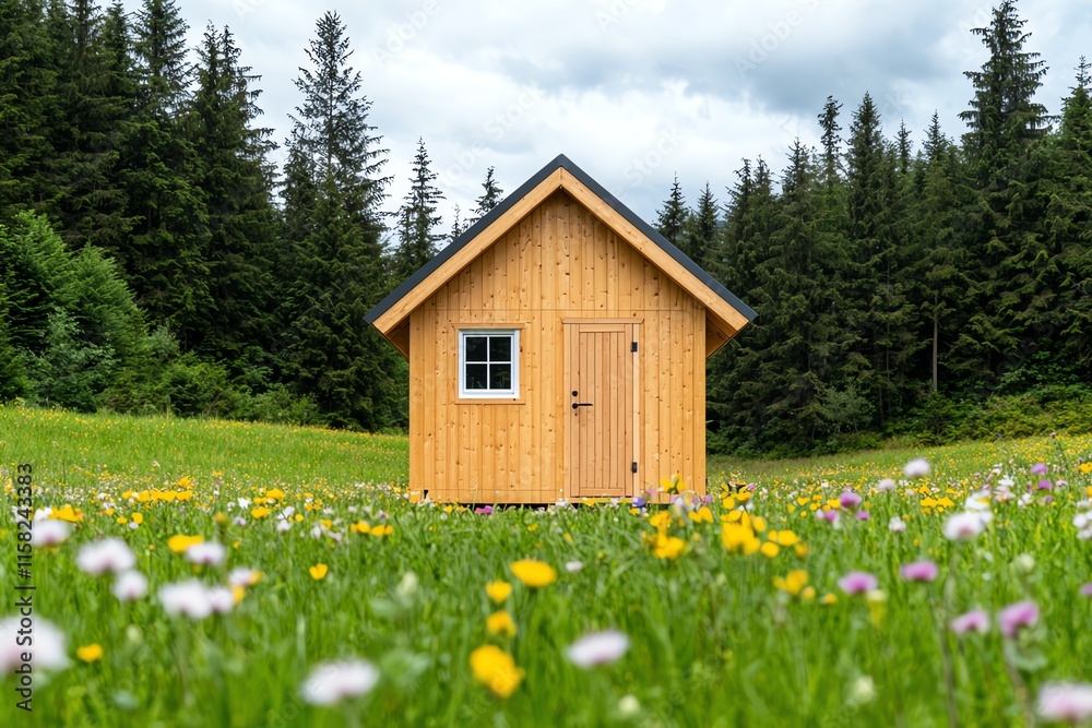A quaint wooden cabin surrounded by a vibrant flower-filled meadow and lush green trees under a cloudy sky. A quaint wooden cabin surrounded by a vibrant flower-filled meadow and lush green trees under a cloudy sky.