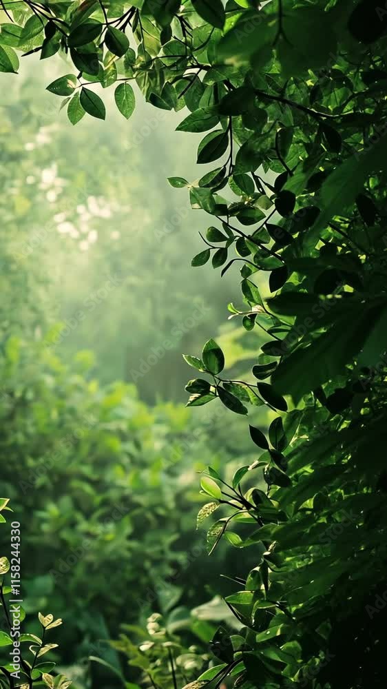 Lush green foliage creates a natural frame around a misty forest scene. Lush green foliage creates a natural frame around a misty forest scene.