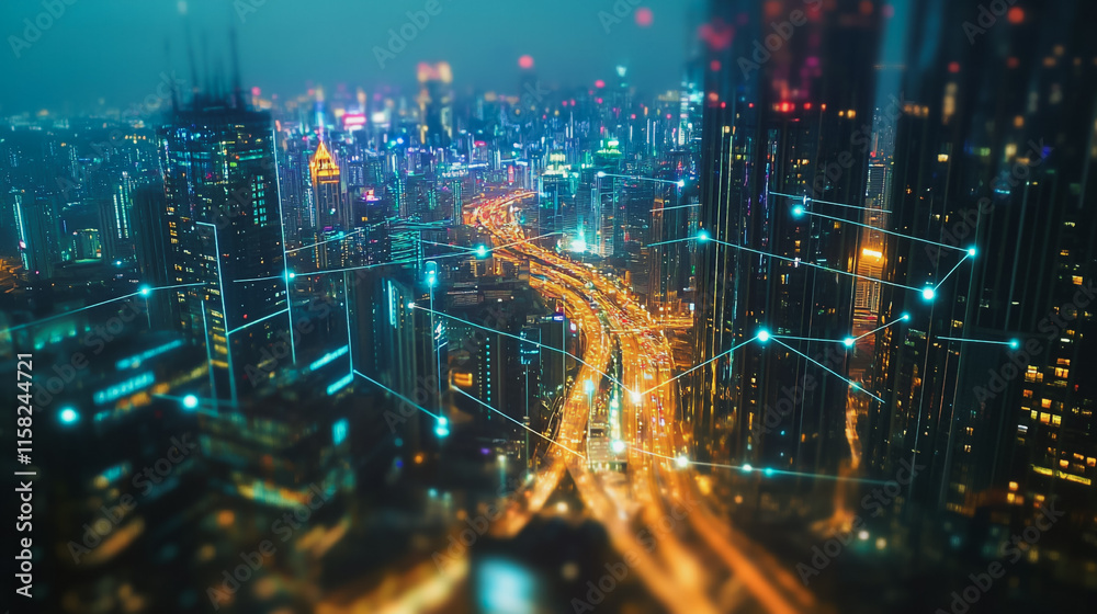 Smart Innovation city with connection cyber security network reciprocity over the night cityscape future wireless digital city and social media networking systems that connects people in the city Smart Innovation city with connection cyber security network reciprocity over the night cityscape future wireless digital city and social media networking systems that connects people in the city