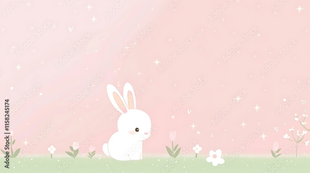 Obraz premium A dreamy minimalist illustration of a bunny in a soft pink pastel setting, surrounded by sparkles, hearts, and subtle gradient colors, conveying a sense of peace and comfort, 8k UHD, suitable 