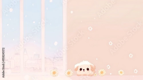 A delightful scene of a cartoon dog peeking through a white window, with sunflowers and clear blue skies visible outside, all placed on a beige pastel background, 8k UHD, suitable for high-quality 