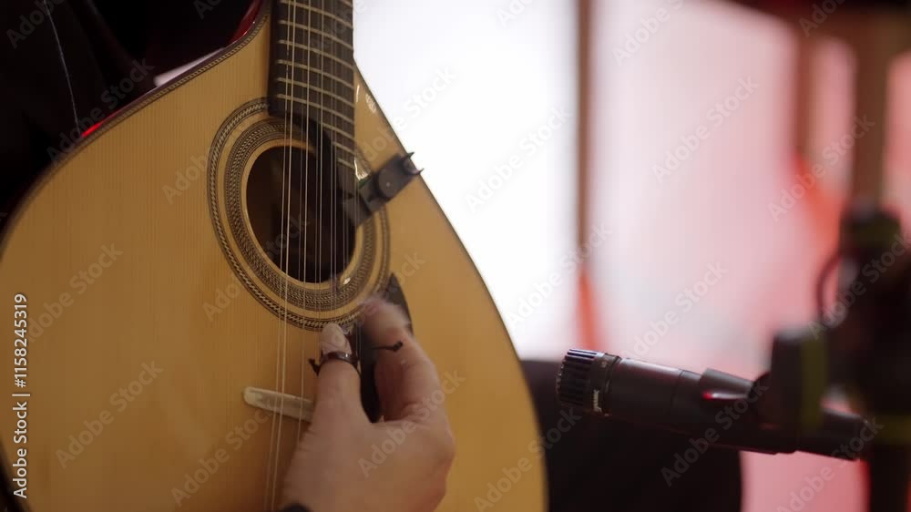 Close up of musician playing Portuguese guitar during live performance