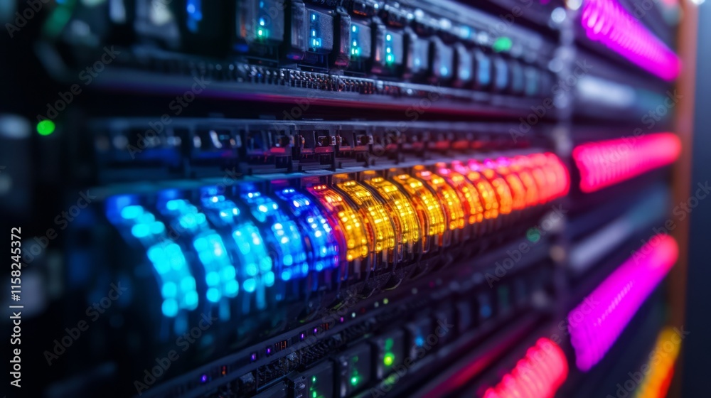 Illuminated Data Center Server Racks, Colorful Lights Illuminated Data Center Server Racks, Colorful Lights
