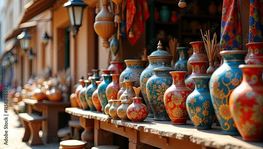 High detailed floral pattern pottery vases arranged on a shelf High detailed floral pattern pottery vases arranged on a shelf