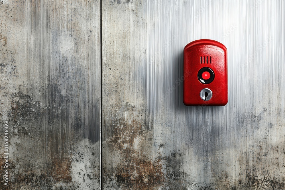 Red alarm box mounted on a weathered gray wall. Red alarm box mounted on a weathered gray wall.