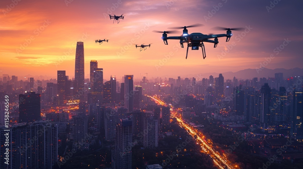 Drones flying over a city skyline during sunset, showcasing technology and urban life. Drones flying over a city skyline during sunset, showcasing technology and urban life.
