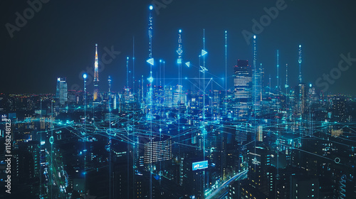 Wallpaper Mural Smart Innovation city with connection cyber security network reciprocity over the night cityscape future wireless digital city and social media networking systems that connects people in the city Torontodigital.ca