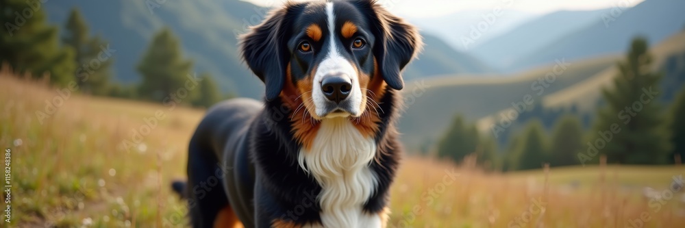 A Majestic Greater Swiss Mountain Dog Poses Proudly Against a Breathtaking Mountain Landscape Its Rich Coat Contrasts with the Rolling Hills and Sky A Majestic Greater Swiss Mountain Dog Poses Proudly Against a Breathtaking Mountain Landscape Its Rich Coat Contrasts with the Rolling Hills and Sky