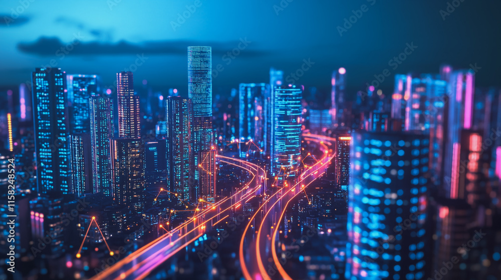 Fototapeta premium Smart Innovation city with connection cyber security network reciprocity over the night cityscape future wireless digital city and social media networking systems that connects people in the city