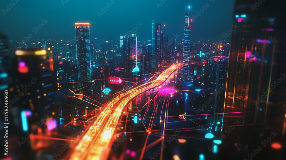 Smart Innovation city with connection cyber security network reciprocity over the night cityscape future wireless digital city and social media networking systems that connects people in the city Smart Innovation city with connection cyber security network reciprocity over the night cityscape future wireless digital city and social media networking systems that connects people in the city