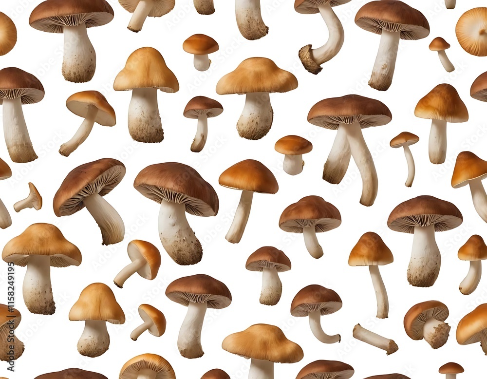 Brown Mushrooms Floating Against White Background Brown Mushrooms Floating Against White Background