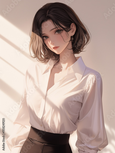 business woman, anime illustration of a young woman with wearing a white shirt and black skirt, business woman illustration