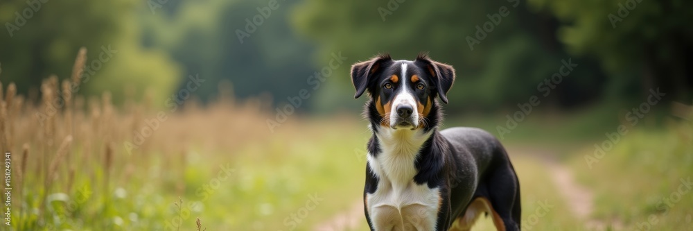 A noble Appenzeller Sennenhund poses calmly on a grassy path under a canopy of vibrant green trees its intelligent gaze captivating the viewer A noble Appenzeller Sennenhund poses calmly on a grassy path under a canopy of vibrant green trees its intelligent gaze captivating the viewer