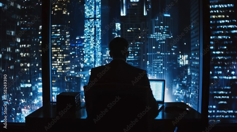 A silhouette of a person at a desk, overlooking a vibrant city skyline at night. A silhouette of a person at a desk, overlooking a vibrant city skyline at night.