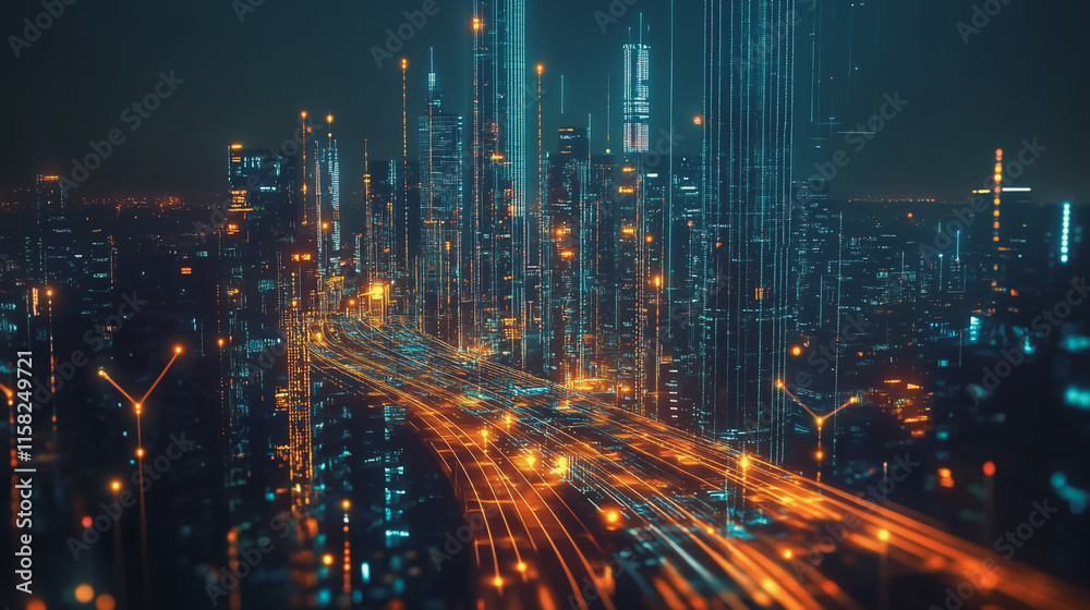 Obraz premium Smart Innovation city with connection cyber security network reciprocity over the night cityscape future wireless digital city and social media networking systems that connects people in the city