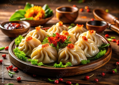 Exquisite dragon dumplings: luxurious Chinese cuisine, premium food photography for upscale dining. photo