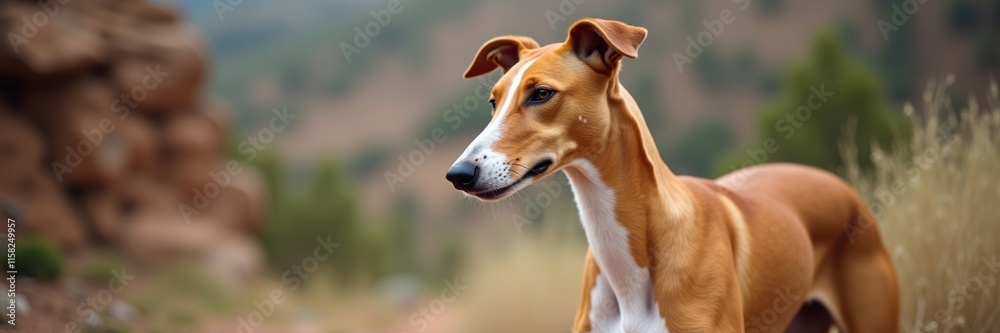 Elegant Ibizan Hound Ponders the Landscape with Gentle Gaze Amidst Natural Beauty of the Trail Elegant Ibizan Hound Ponders the Landscape with Gentle Gaze Amidst Natural Beauty of the Trail