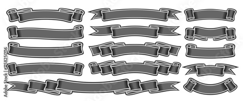 Vector Ribbon Banners Set, collection of isolated outline illustrations horizontal banners for ad slogan, group of 14 different gray ribbons with copy space for advertising offer on white background