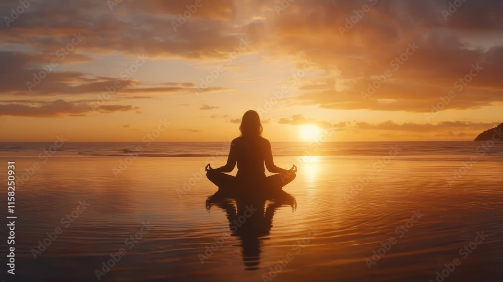 A person meditating on a beach at sunset, promoting tranquility and mindfulness. A person meditating on a beach at sunset, promoting tranquility and mindfulness.