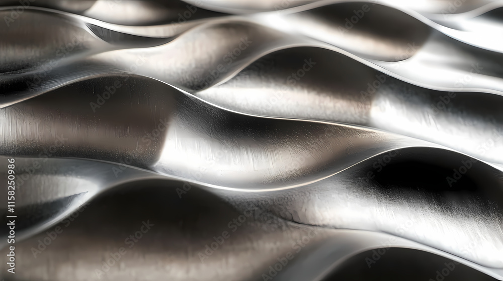 Naklejka premium Metallic Wavy Abstract Texture: A close-up, macro shot of a metallic surface with a rippling, wavy pattern. The abstract design creates a sense of movement and depth, perfect for modern, industrial.