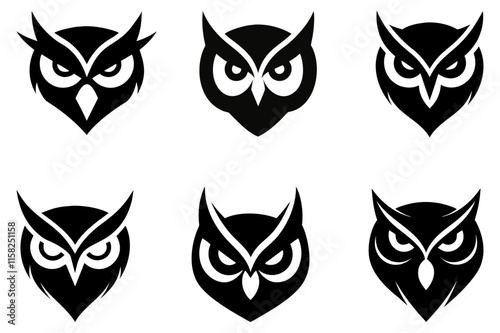 Six stylized owl head logos, perfect for branding or graphic design projects. photo