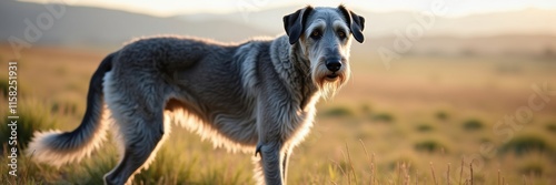 Majestic Irish Wolfhound stands proudly in golden light of a sunset field casting long shadows showcasing its regal stature and gentle eyes photo