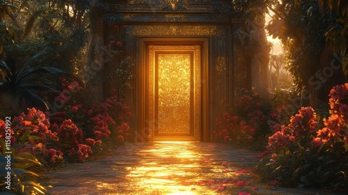 A majestic, golden door opening to a divine, magical love-filled world, captured in vivid CG 3D photo